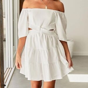 Square Neck Crossover Waist Cut-Out Mini Dress White